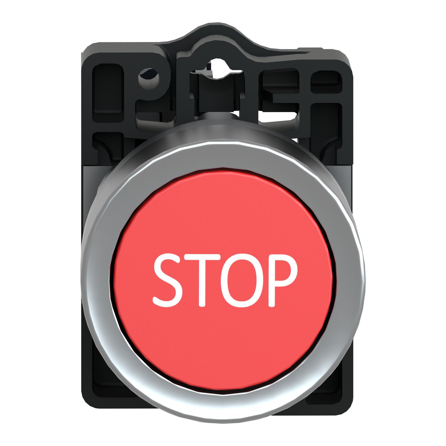 Picture of Complete push button, Easy Harmony XA2, plastic, flush, red, 22mm, spring return, marked STOP, 1NC