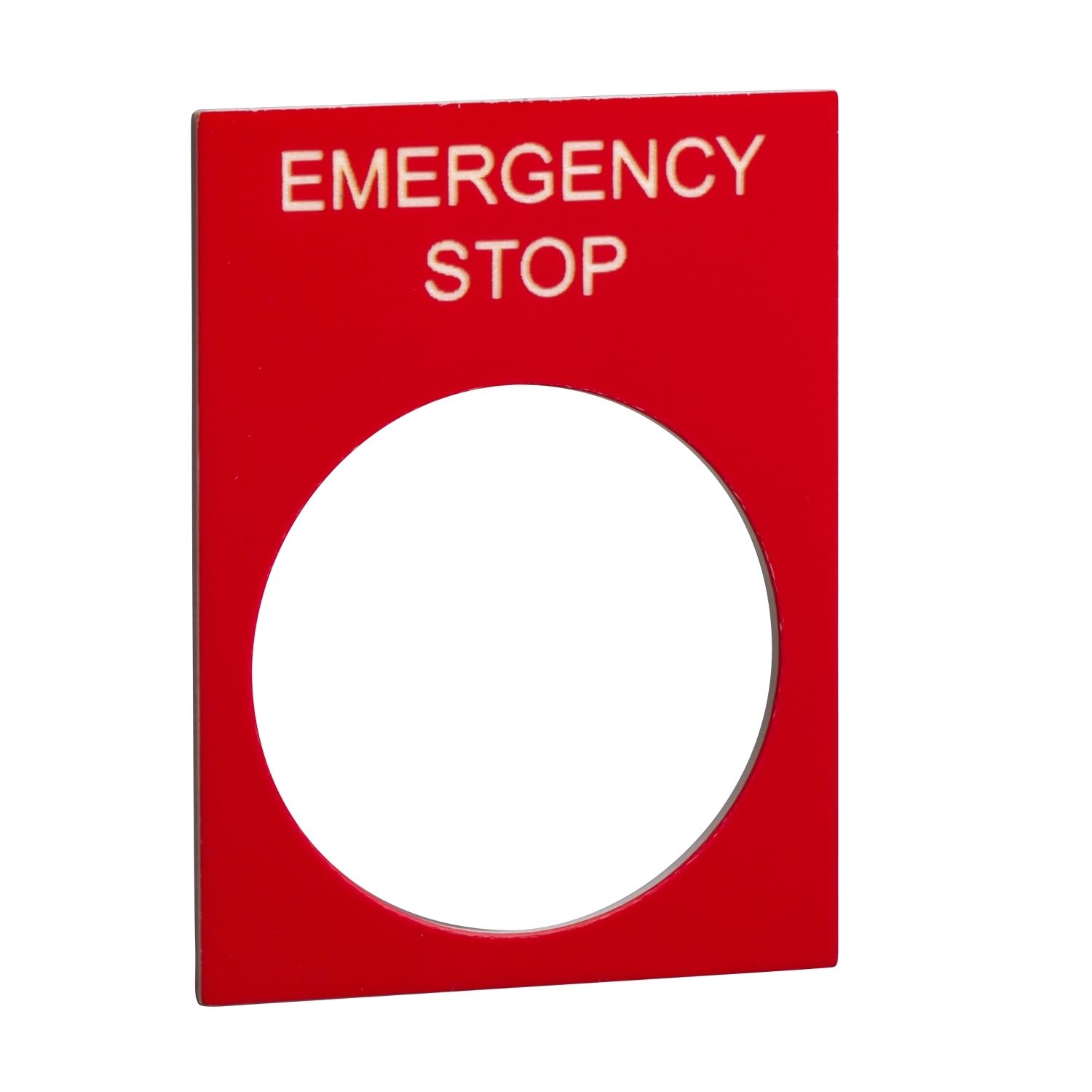 Picture of Marked legend, Harmony XAC, nameplate, 30 x 40mm, plastic, red, 22mm push button, white marked EMERGENCY STOP