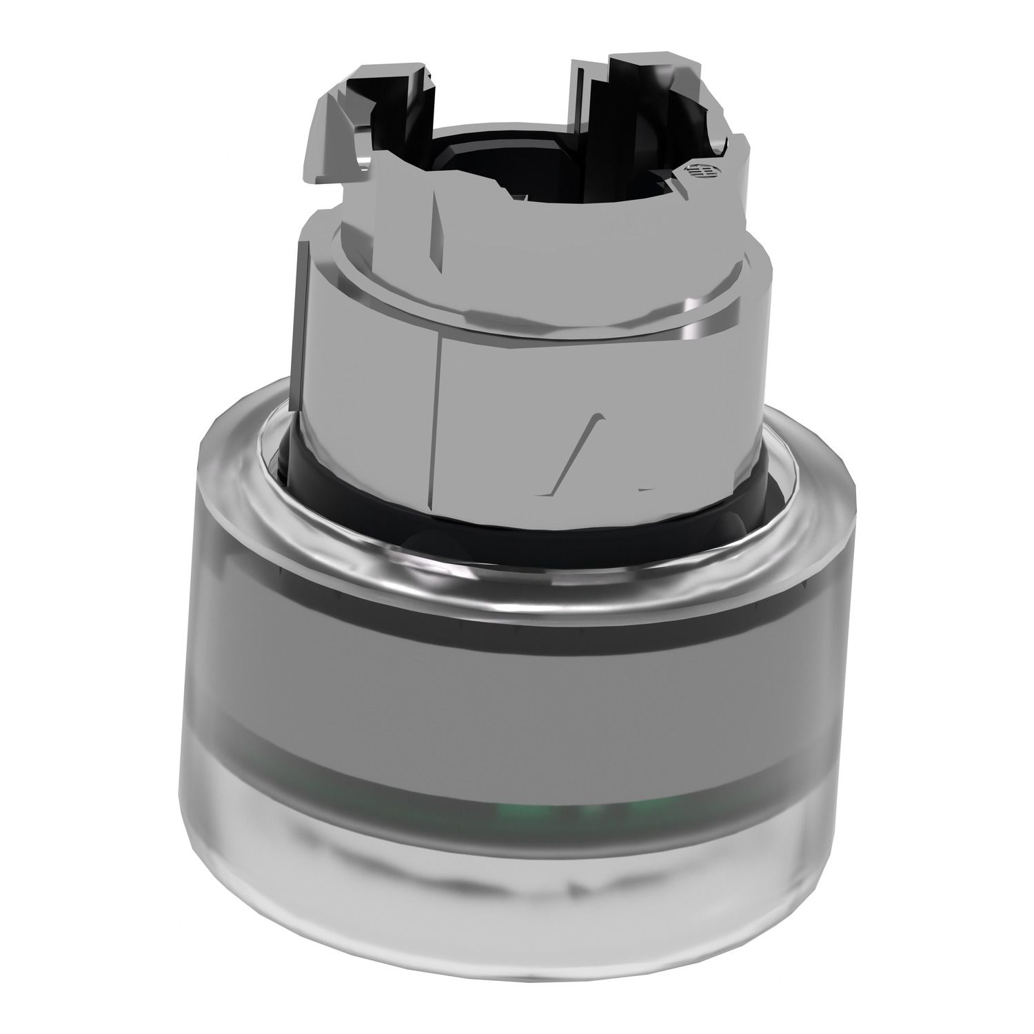 Picture of Head for illuminated push button, Harmony XB4, metal, green flush, 22mm, universal LED, spring return, clear boot