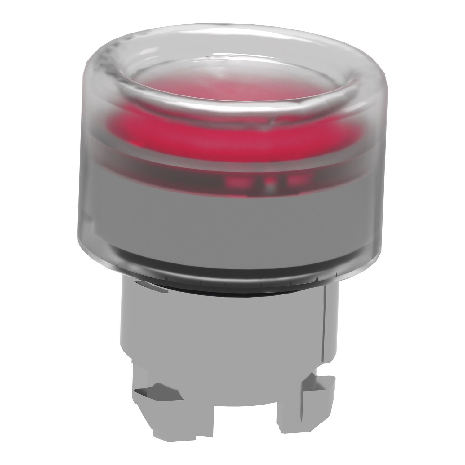 Picture of Head for illuminated push button, Harmony XB4, metal, red flush, 22mm, universal LED, spring return, clear boot, unmarked