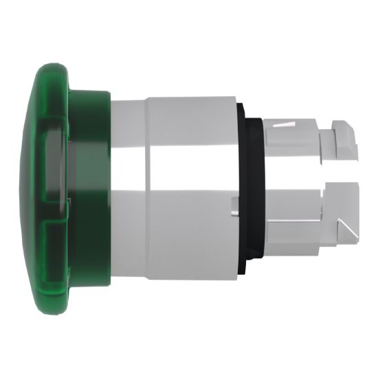 Picture of Head for illuminated push button, Harmony XB4, green mushroom 40mm, 22mm, latching, push pull to release, universal LED, unmarked