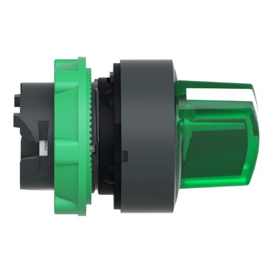 Picture of Head for illuminated selector switch, Harmony XB5, Harmony XALF, grey plastic, green handle, 22mm, universal LED, 2 positions