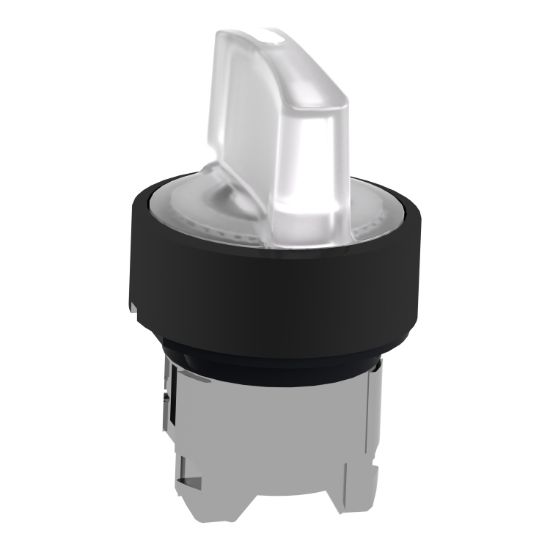 Picture of Head for illuminated selector switch, Harmony XB4, black metal, white handle, 22mm, universal LED, 3 positions, to center