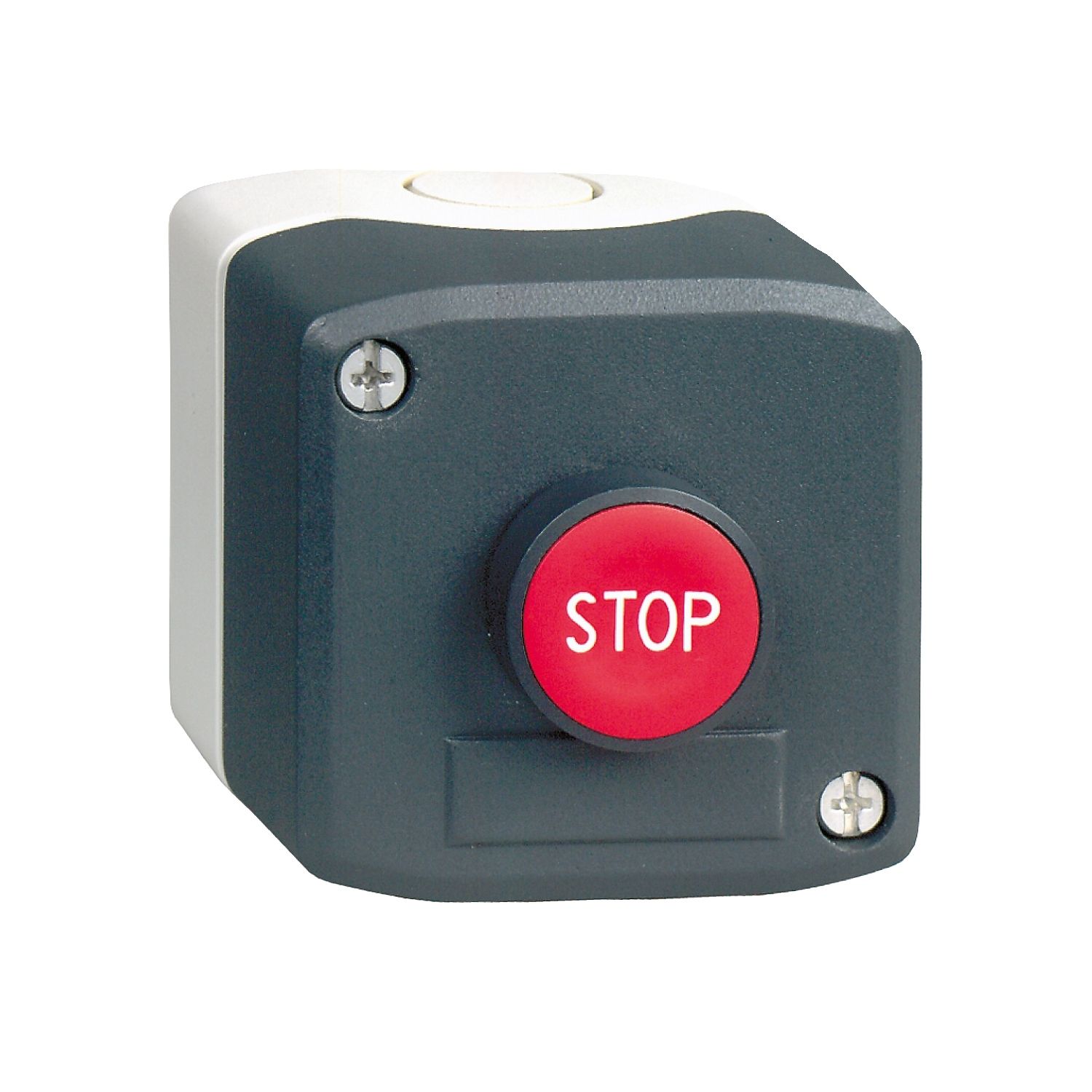Picture of Complete control station, Harmony XALD, dark grey, 1 red flush pushbutton,22mm,spring return, 1NC, marked STOP
