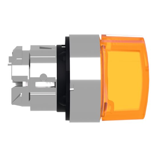 Picture of Head for illuminated selector switch, Harmony XB4, chromium metal, orange handle, 22mm, universal LED, 3 positions,