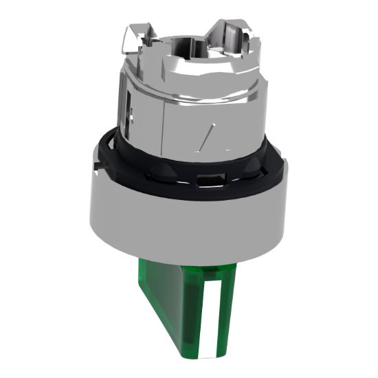 Picture of Head for illuminated selector switch, Harmony XB4, chromium metal, green handle, 22mm, universal LED, 3 positions, to center