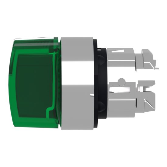 Picture of Head for illuminated selector switch, Harmony XB4, chromium metal, green handle, 22mm, universal LED, 3 positions, right to center