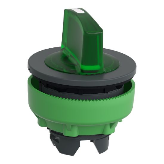 Picture of Head for illuminated selector switch, Harmony XB5, plastic, green handle, flush mounted, universal LED, 3 positions