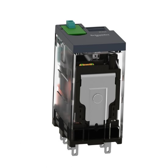 Picture of miniature plug in relay, Harmony Electromechanical Relays, 12A, 2CO, lockable test but to n, 110V DC