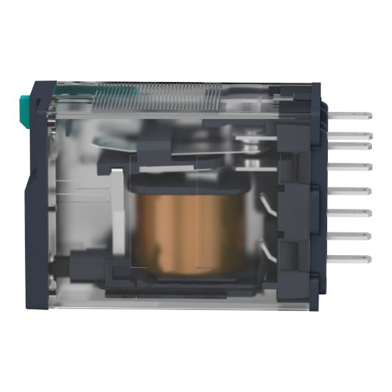 Picture of miniature plug in relay, Harmony Electromechanical Relays, 12A, 2CO, lockable test but to n, 110V DC