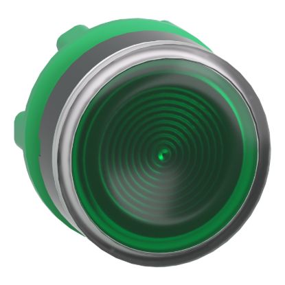 Picture of Head for illuminated push button, Harmony XB5, plastic, green flush, 22mm, universal LED, spring return, grooved lens