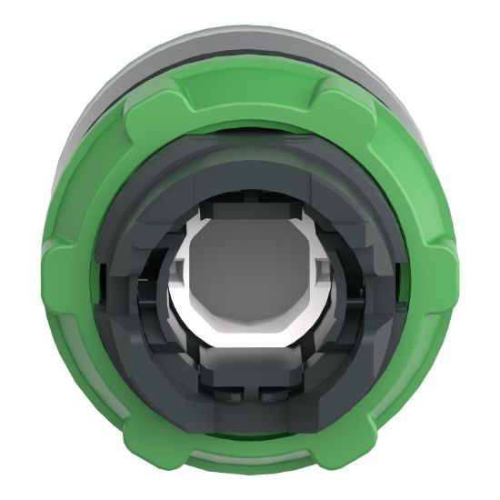 Picture of Head for illuminated push button, Harmony XB5, plastic, green flush, 22mm, universal LED, spring return, grooved lens