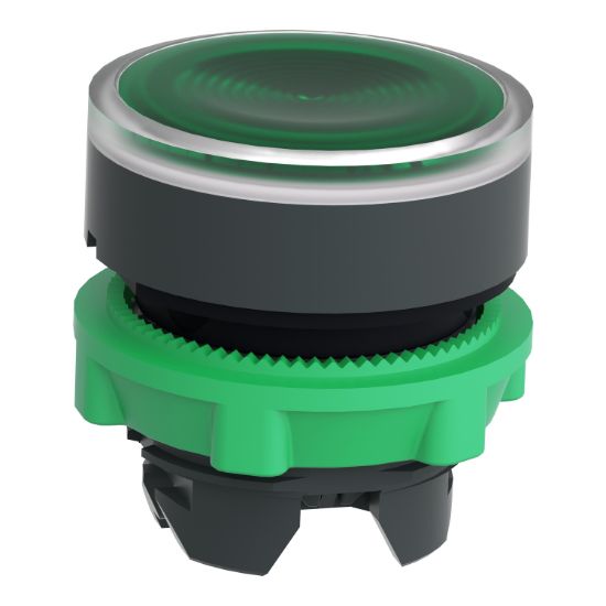 Picture of Head for illuminated push button, Harmony XB5, plastic, green flush, 22mm, universal LED, spring return, grooved lens