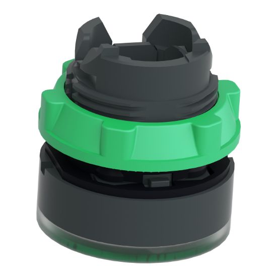 Picture of Head for illuminated push button, Harmony XB5, plastic, green flush, 22mm, universal LED, spring return, grooved lens