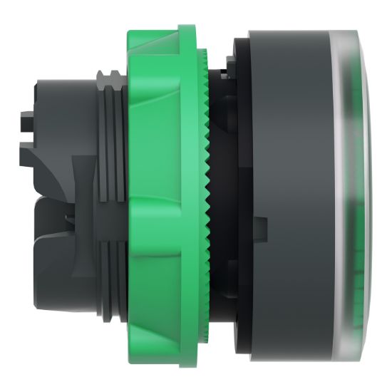 Picture of Head for illuminated push button, Harmony XB5, plastic, green flush, 22mm, universal LED, spring return, grooved lens