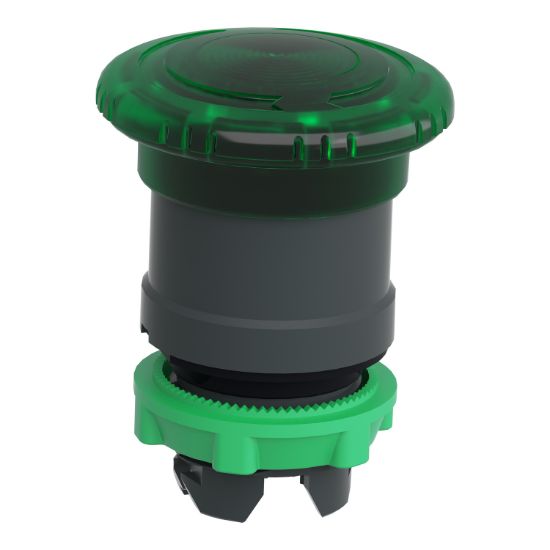 Picture of Head for illuminated push button, Harmony XB5, plastic, green mushroom 40mm, 22mm, latching turn to release, clear boot
