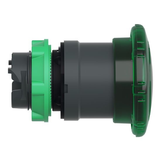 Picture of Head for illuminated push button, Harmony XB5, plastic, green mushroom 40mm, 22mm, latching turn to release, clear boot