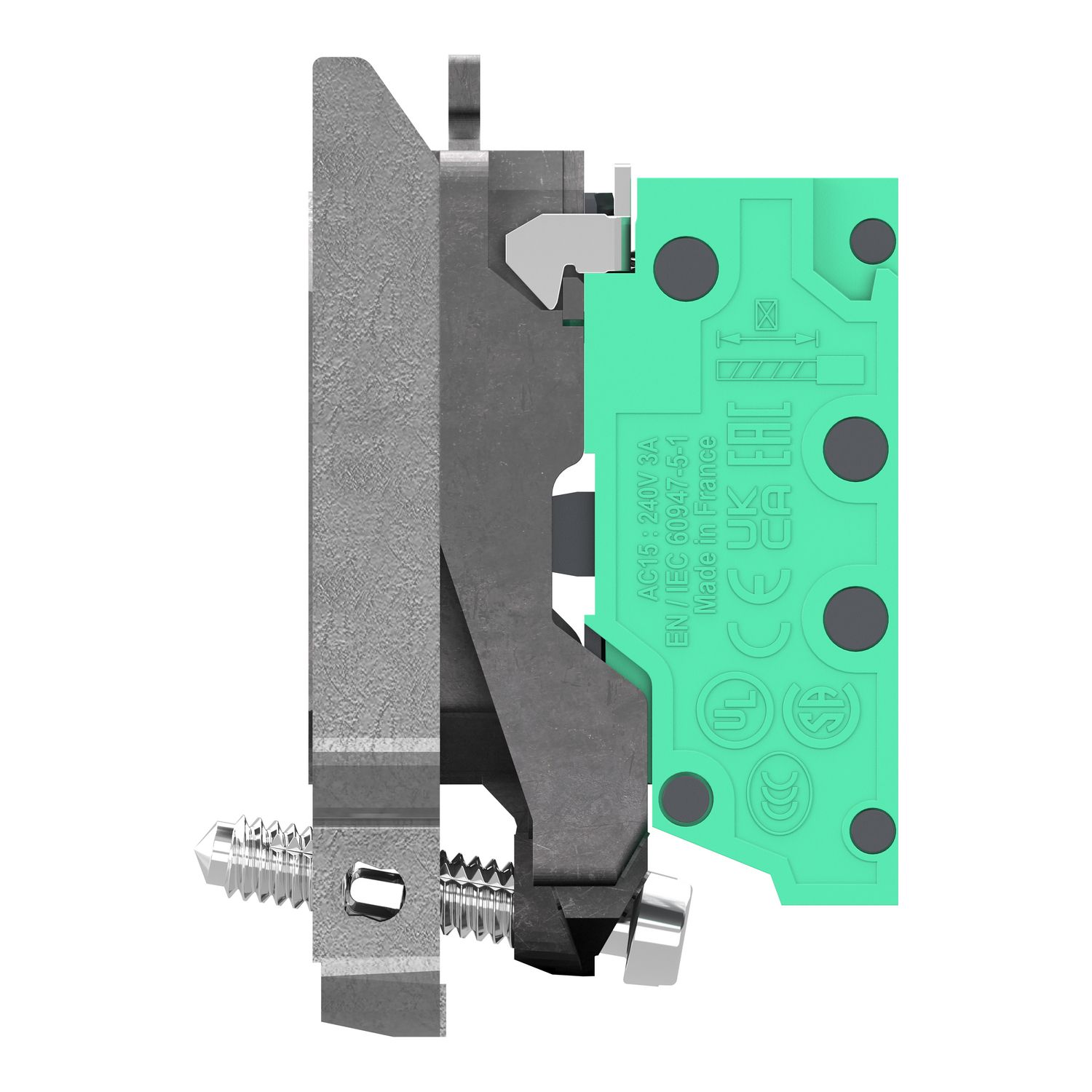 Picture of Complete body contact assembly, Harmony XB4, single contact, with fixing collar, metal, 1 NO, compact push in terminals