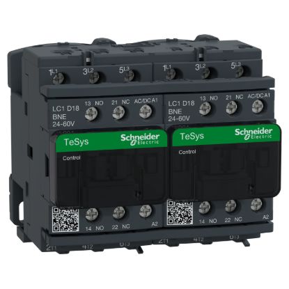 Picture of Reversing Contactor, TeSys D, TeSys Deca, 3P(3 NO), AC-3, 0 to 440V, 18A, 24 to 60VAC/DC coil