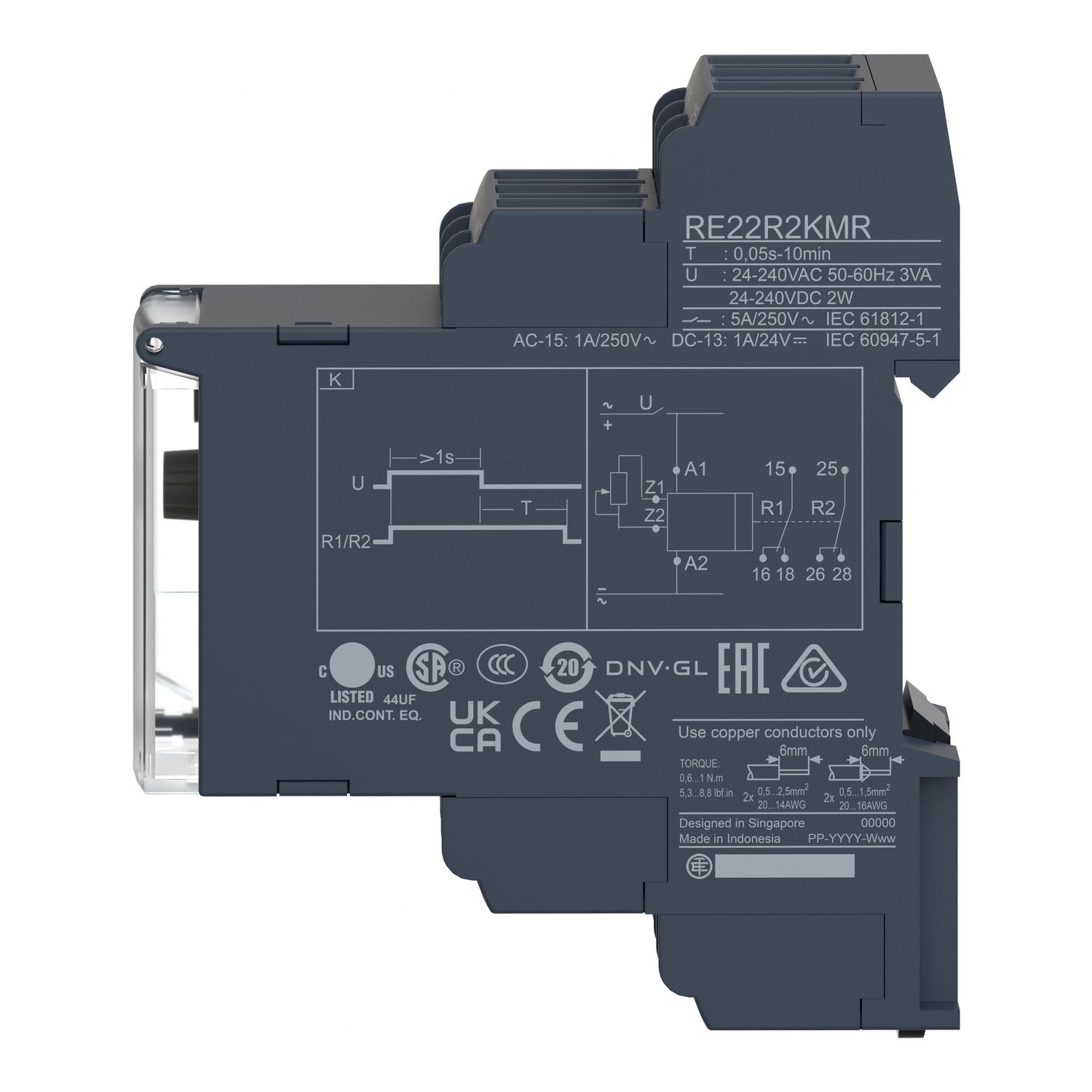 Picture of single function relay, Harmony Timer Relays, 5A, 2CO, 0.05sâ€¦10min, delay on de energization, 24...240V AC DC