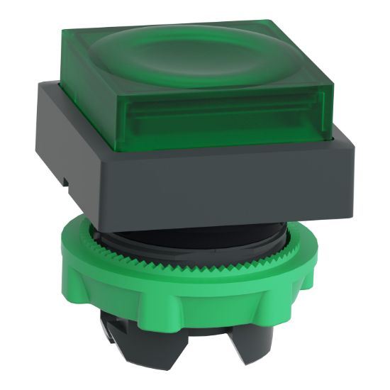 Picture of Head for illuminated push button, Harmony XB5, green square projecting, 22mm, universal LED, spring return, unmarked