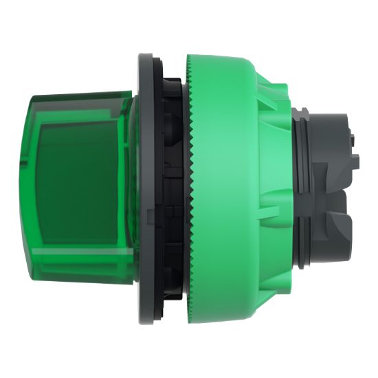 Picture of Head for illuminated selector switch, Harmony XB5, plastic, green handle, flush mounted, universal LED, 2 positions