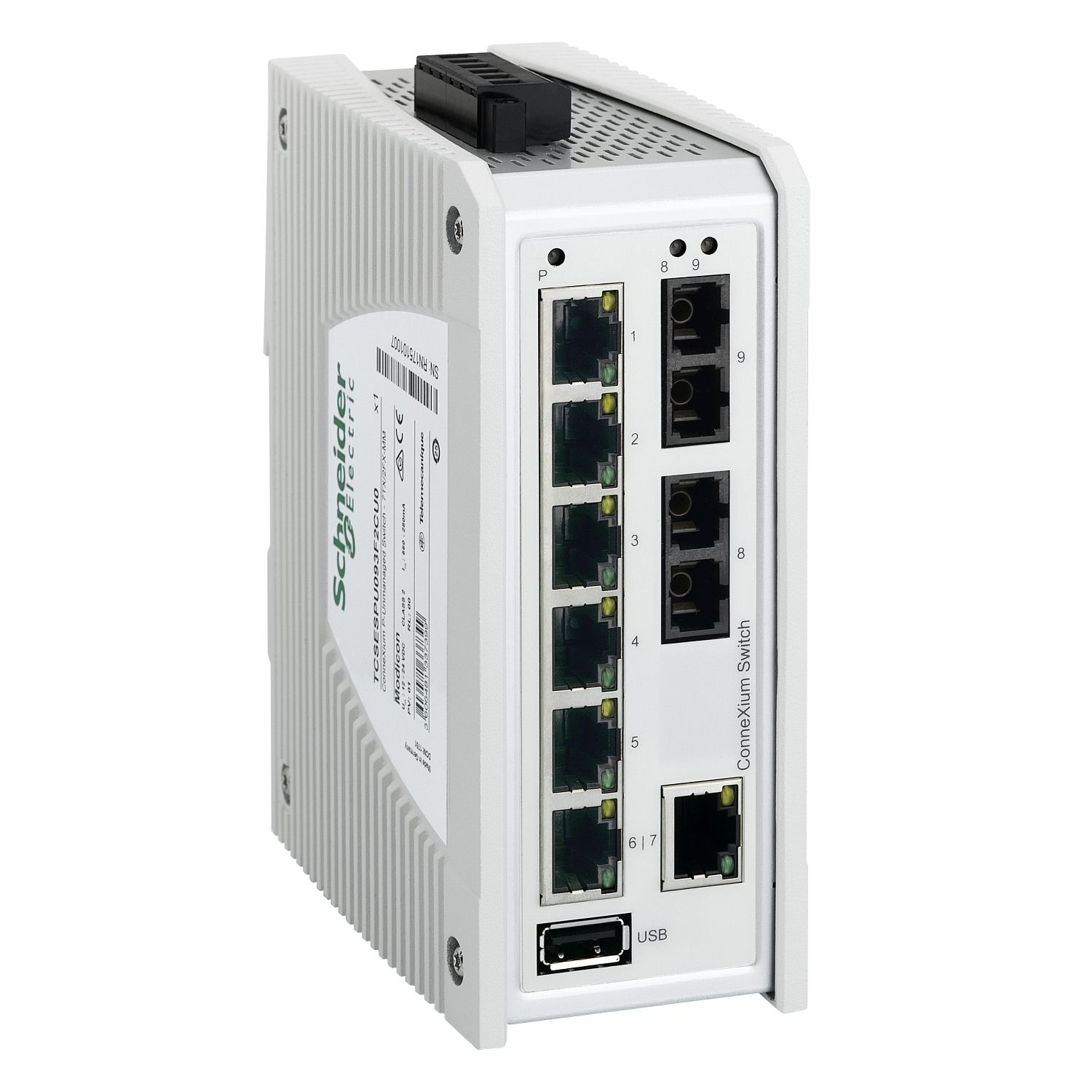 Picture of switch, Modicon Networking, premium unmanaged switch, 7 ports for copper, 2 ports for fiber optic multimode