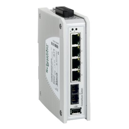 Picture of switch, Modicon Networking, premium unmanaged switch, 4 ports for copper, 1 port for fiber optic multimode
