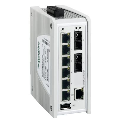 Picture of switch, Modicon Networking, premium unmanaged switch, 7 ports for copper, 2 ports for fiber optic single-mode