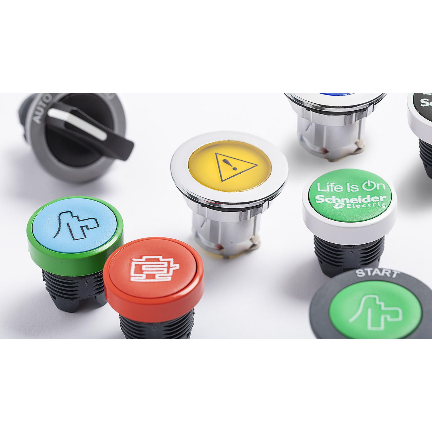 Picture of Head for illuminated push button, Harmony XB5, blue flush, 22mm, universal LED, push to release, unmarked