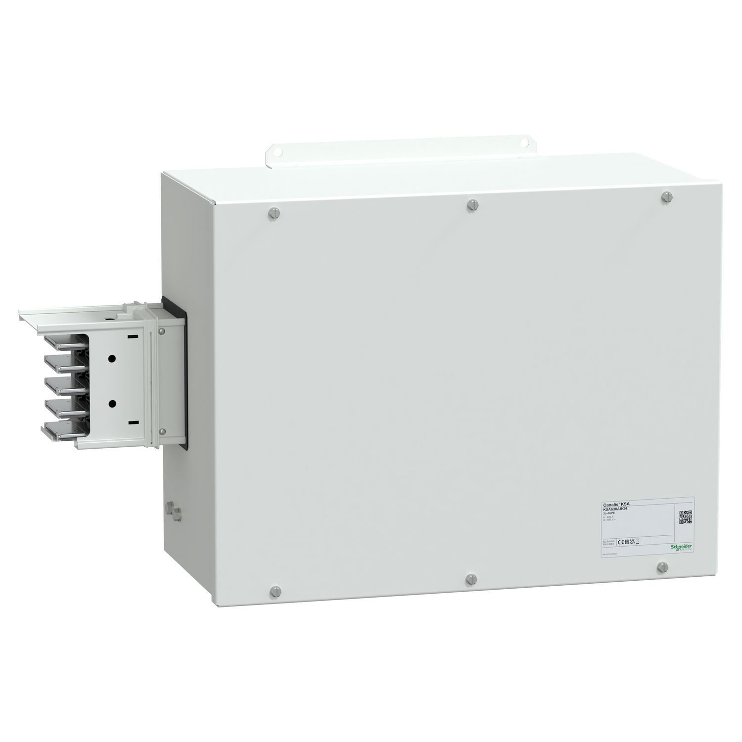 Picture of End feed unit, Canalis KSA630, aluminium, 500/630A, left mounting, without line protection, 3L+N+PE, white RAL9001