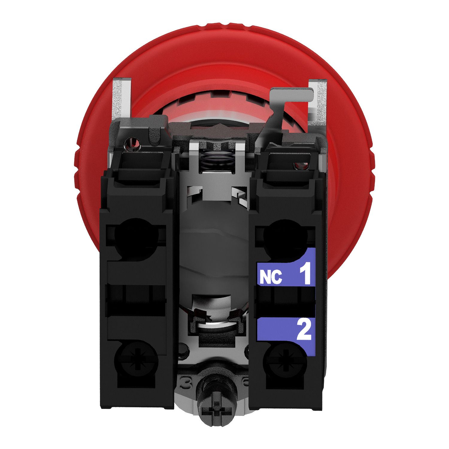 Picture of Emergency stop push button, Harmony XB4, metal, red mushroom, 40mm, 22mm, trigger latching turn to release, 2NC