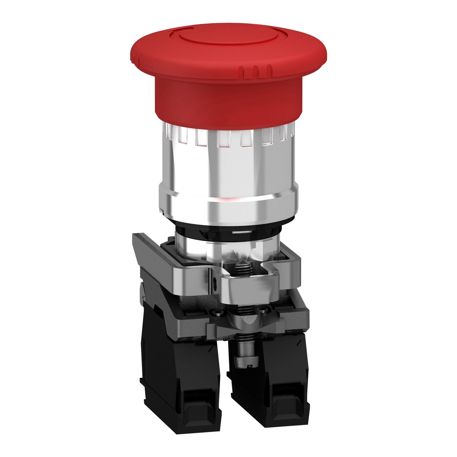 Picture of Emergency stop push button, Harmony XB4, metal, red mushroom, 40mm, 22mm, trigger latching turn to release, 2NC