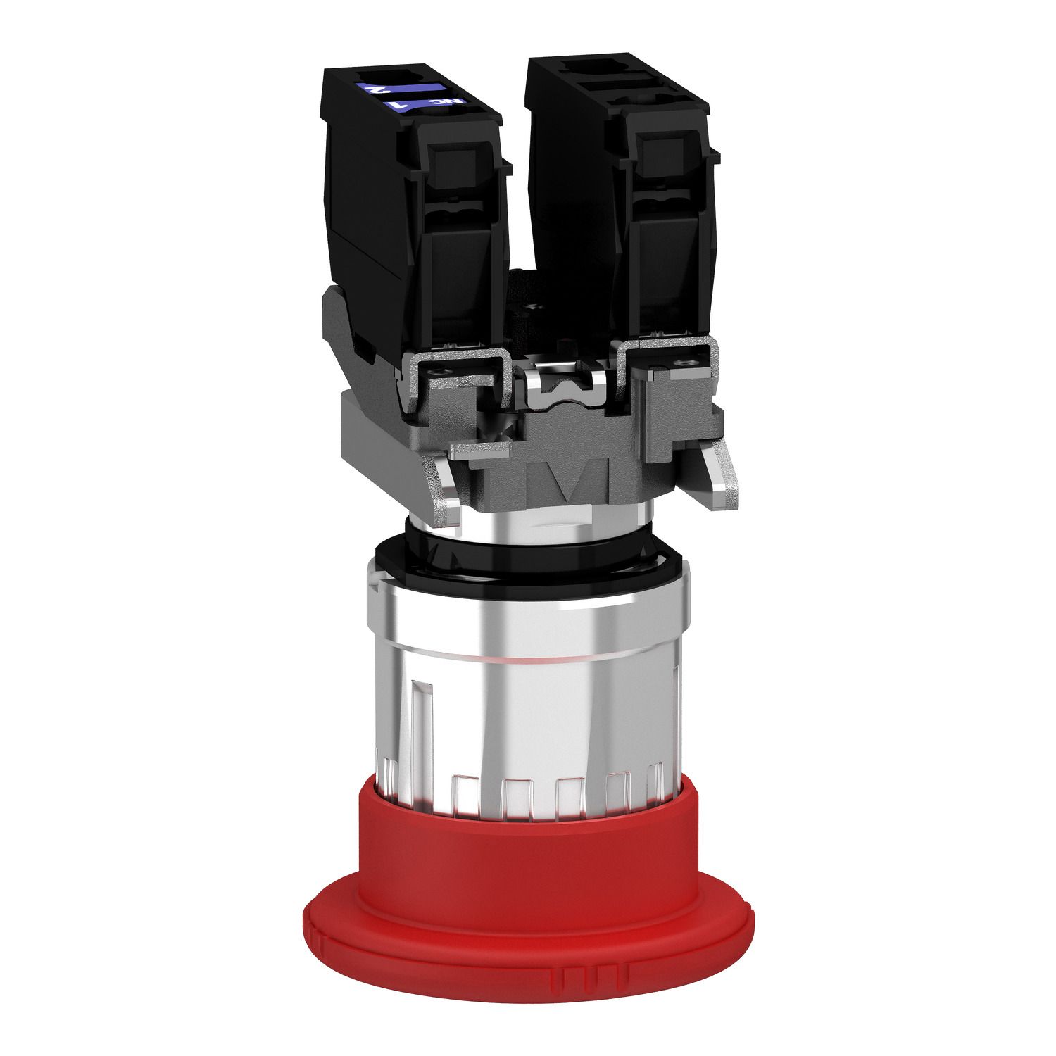 Picture of Emergency stop push button, Harmony XB4, metal, red mushroom, 40mm, 22mm, trigger latching turn to release, 2NC