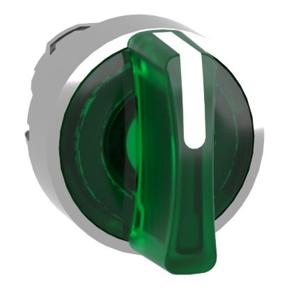 Picture of Head for illuminated selector switch, Harmony XB4, chromium metal, green handle, 22mm, universal LED, 3 positions, to center