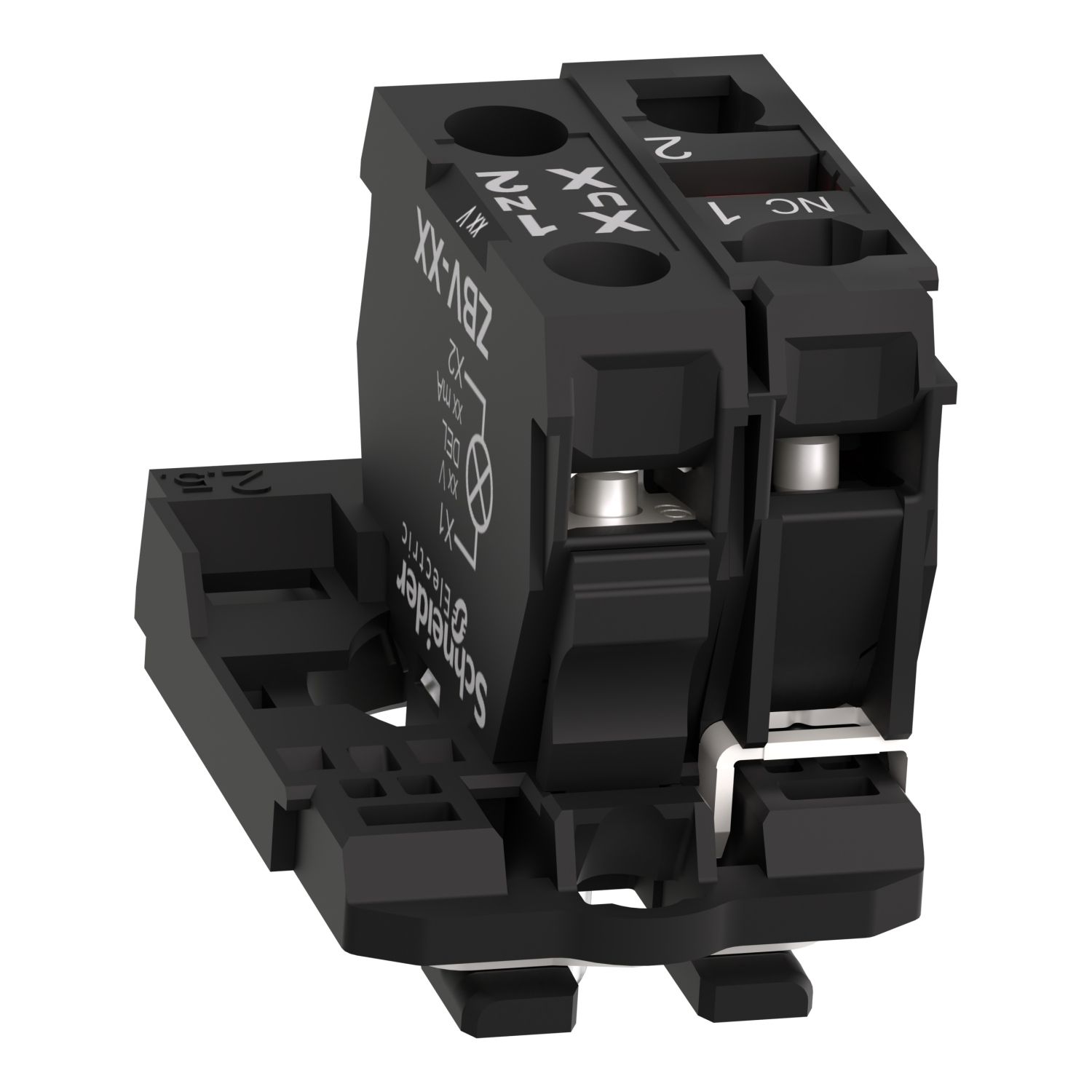 Picture of Complete body contact assembly and light block, Harmony XB5, XB4, with body fixing collar, universal LED, 24V 1NC