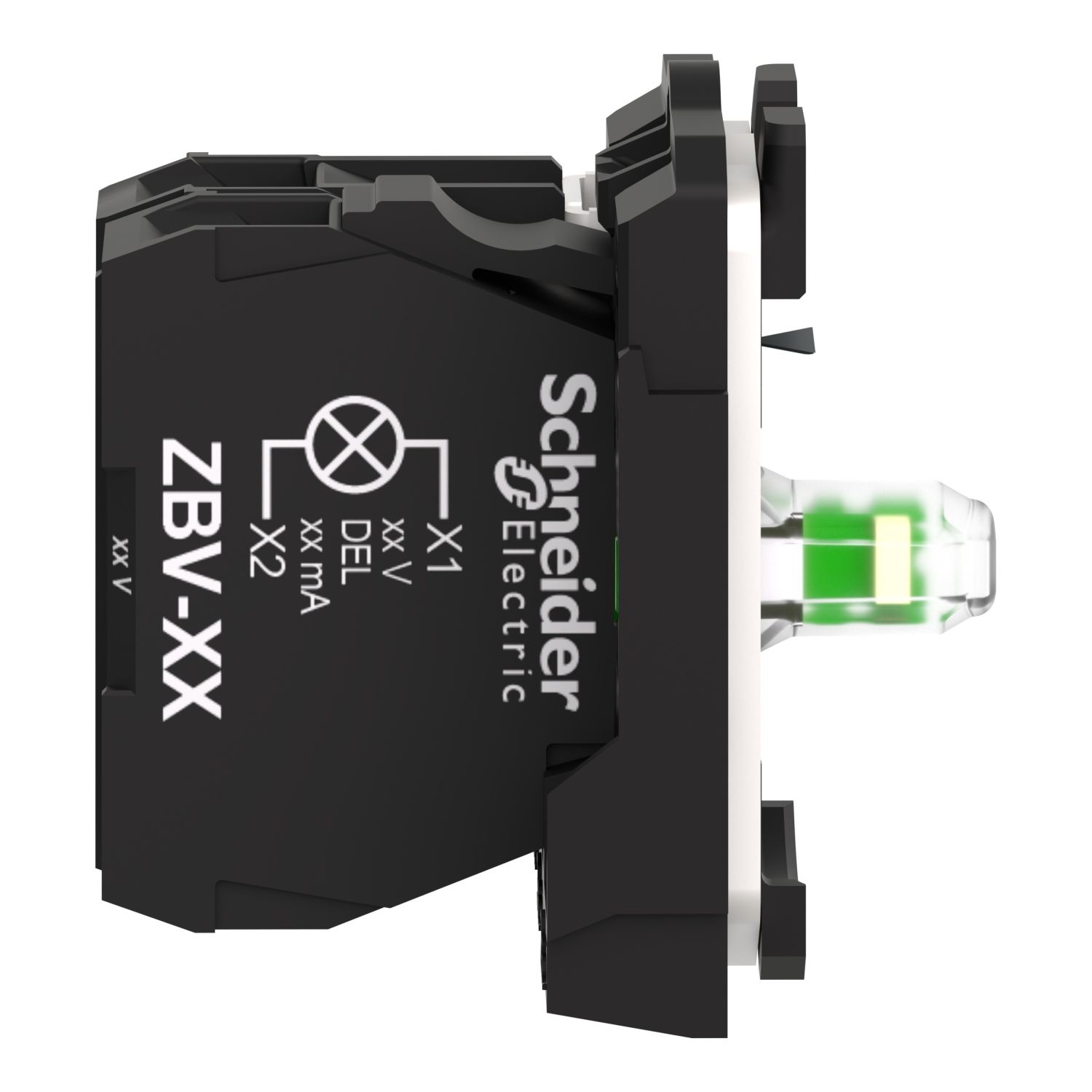 Picture of Complete body contact assembly and light block, Harmony XB5, XB4, with body fixing collar, universal LED, 24V 1NC