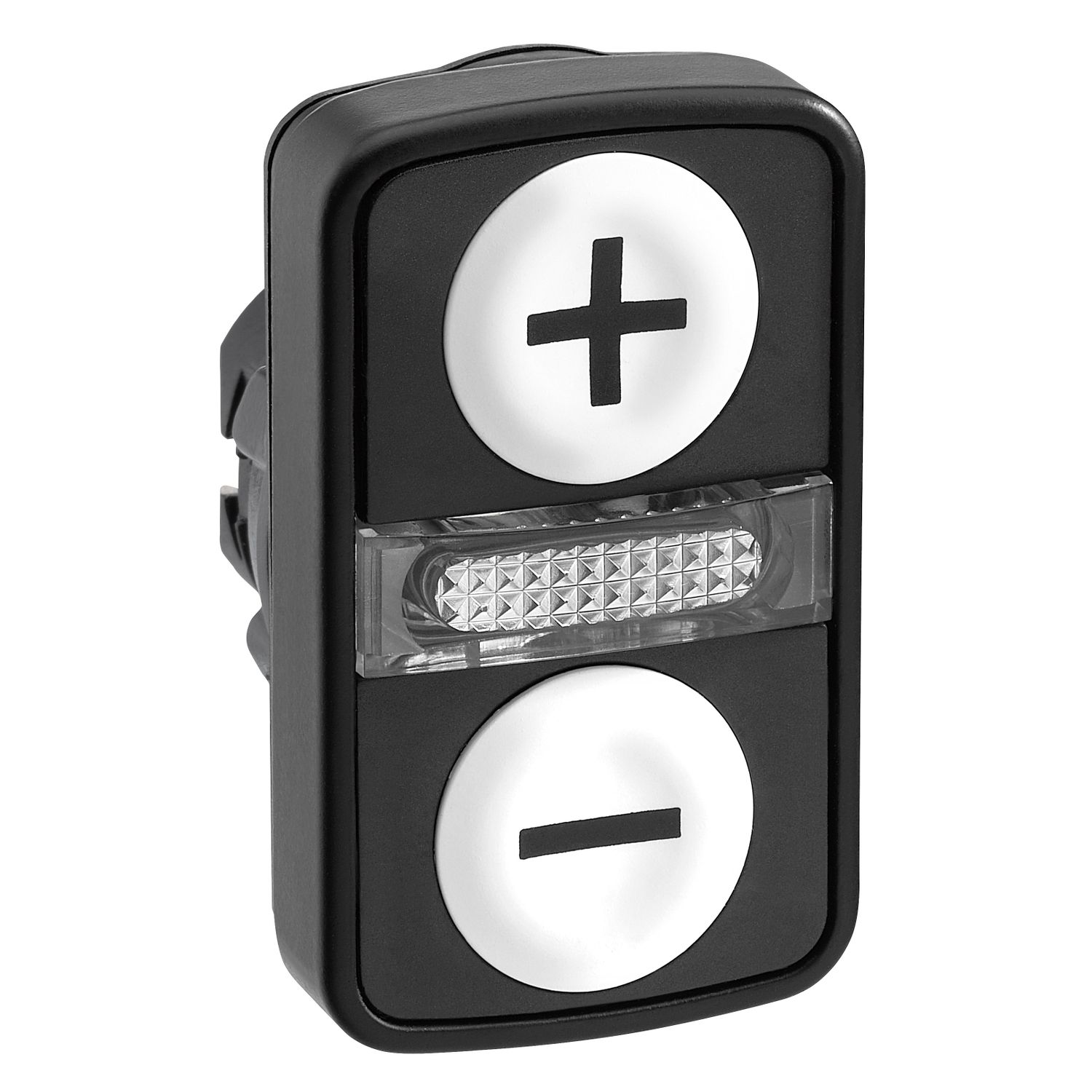 Picture of Head for illuminated double headed push button, Harmony XB5, 2 white flush, 22mm, black marked + and -
