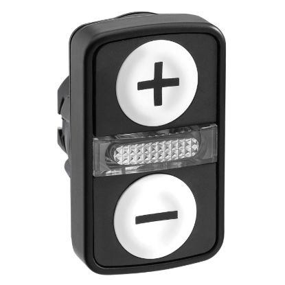 Picture of Head for illuminated double headed push button, Harmony XB5, 2 white flush, 22mm, black marked + and -