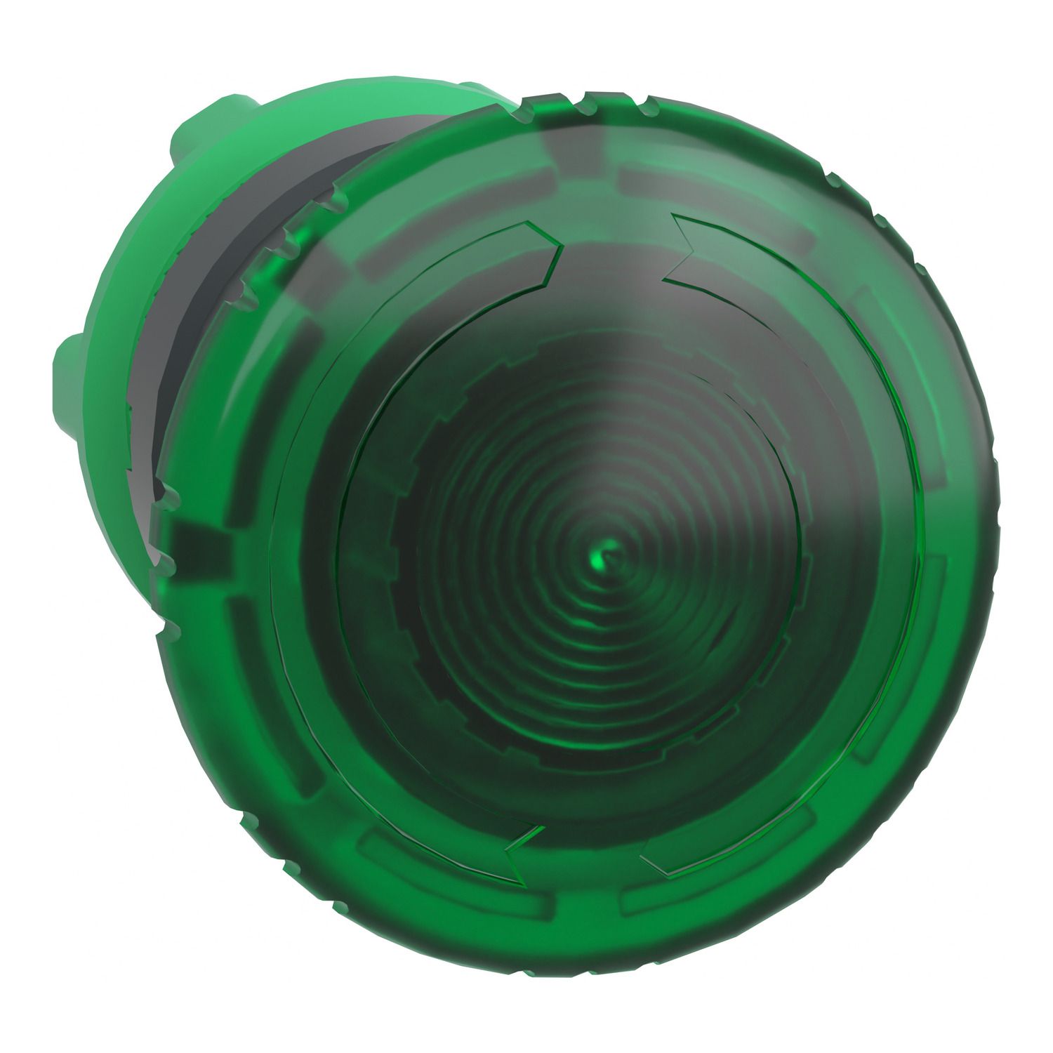 Picture of Head for illuminated push button, Harmony XB5, plastic, green mushroom 40mm, 22mm, latching turn to release, clear boot