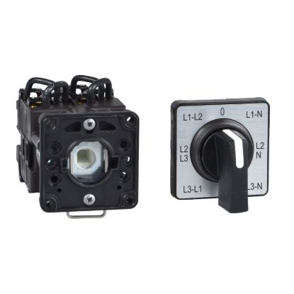 Picture of Cam voltmeter switch, Harmony K, phases phases and phases neutral, 22mm, plastic, 7 positions, 45°, 12A, 45x45mm,metallic legend, 35mm black handle