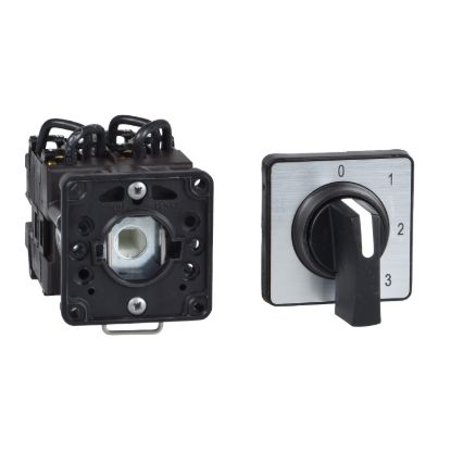 Picture of Cam switch, Harmony K, 22mm, plastic, 1 pole, 2 positions, 45 degree, 20A, 45x45mm,metallic legend, marked 0/1, 35mm black handle