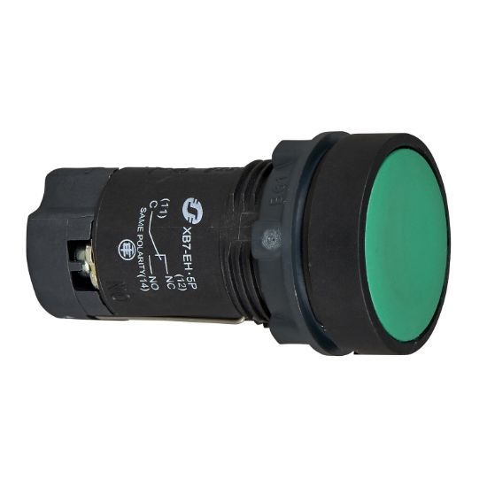 Picture of Push button, Harmony XB7, green flush pushbutton Ø22 mm, spring return, 1 NO, screw clamp terminals unmarked