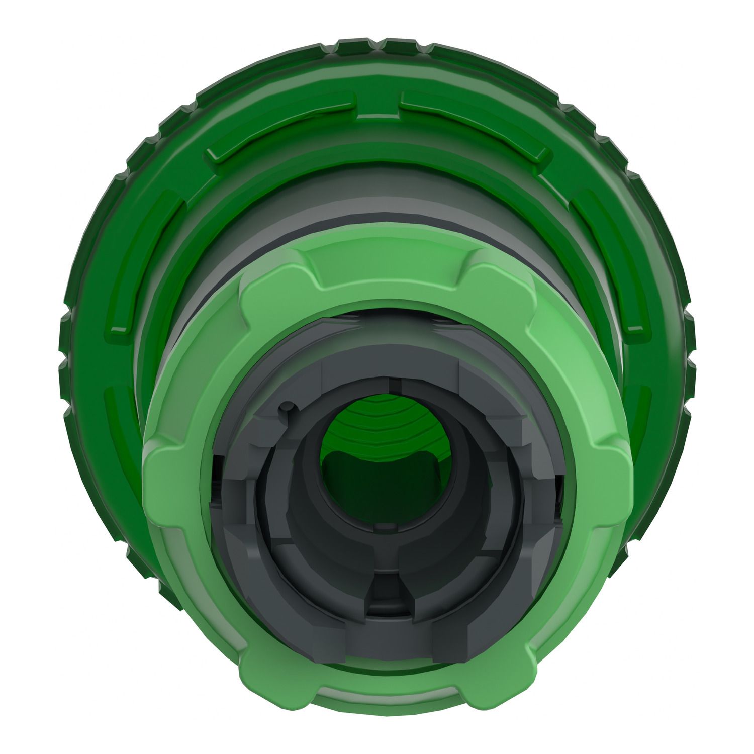 Picture of Head for illuminated push button, Harmony XB5, plastic, green mushroom 40mm, 22mm, latching turn to release, clear boot