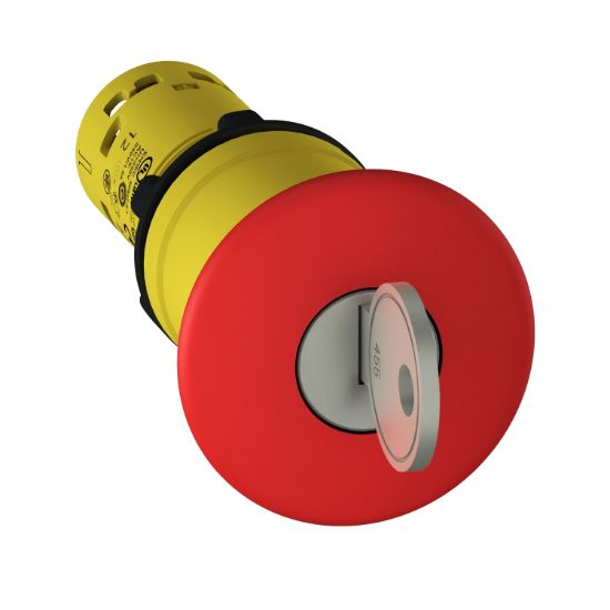 Picture of Emergency stop push button, Harmony XB7, 22mm, red mushroom 40mm, trigger key release, 1NO + 1NC