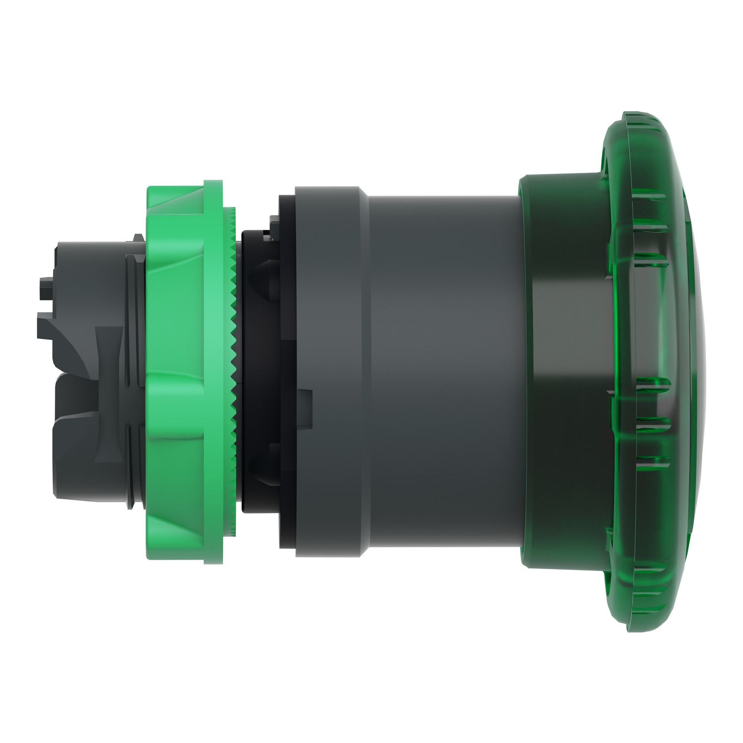 Picture of Head for illuminated push button, Harmony XB5, plastic, green mushroom 40mm, 22mm, latching turn to release, clear boot