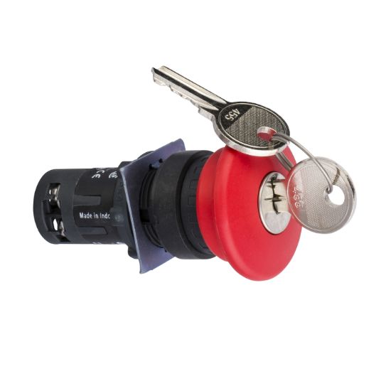Picture of Emergency switching off monolithic push button, Harmony XB7, 22mm, red pushbutton 40mm, latching key release, 1NO + 1NC, key 455