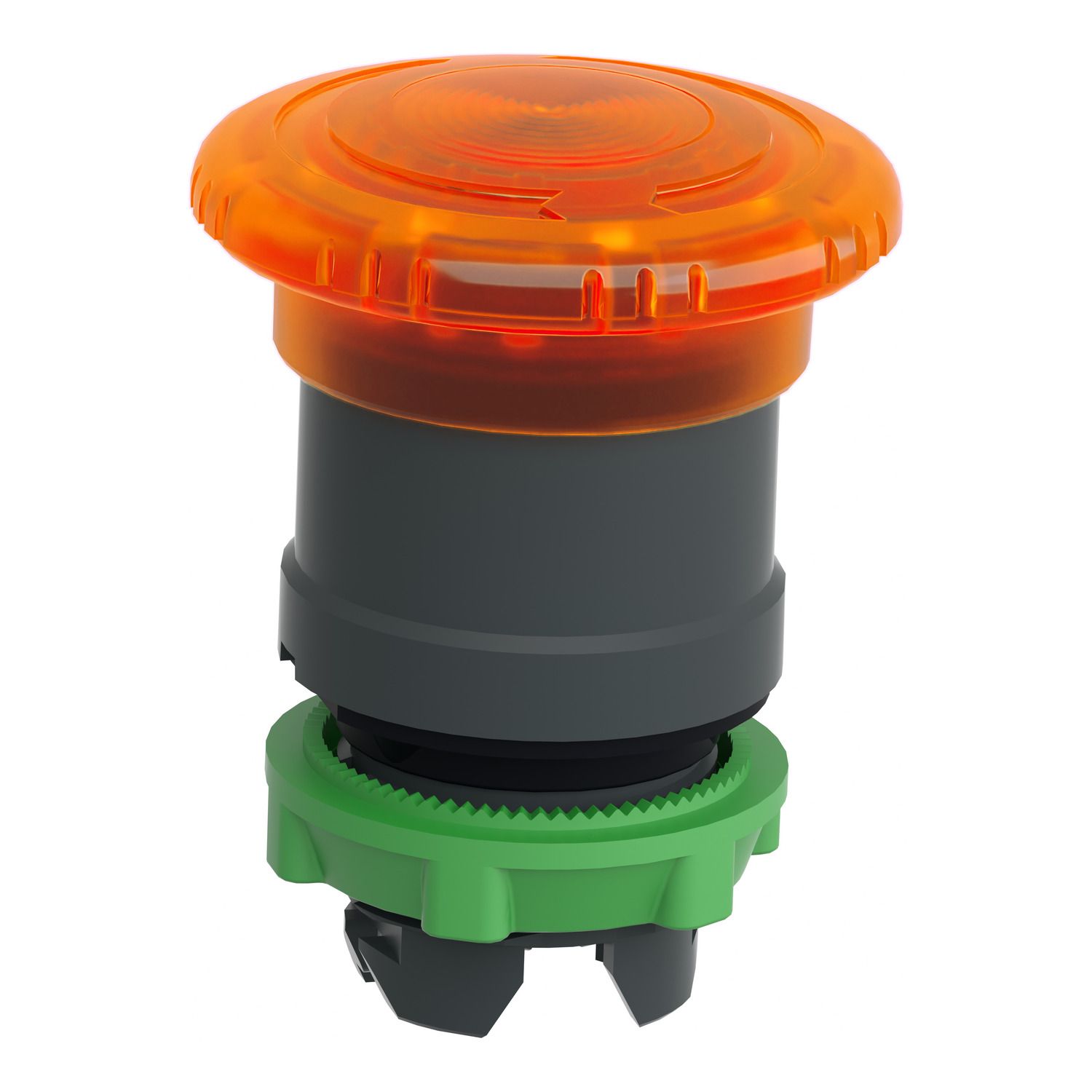 Picture of Head for illuminated push button, Harmony XB5, plastic, orange mushroom 40mm, 22mm, latching turn to release, clear boot