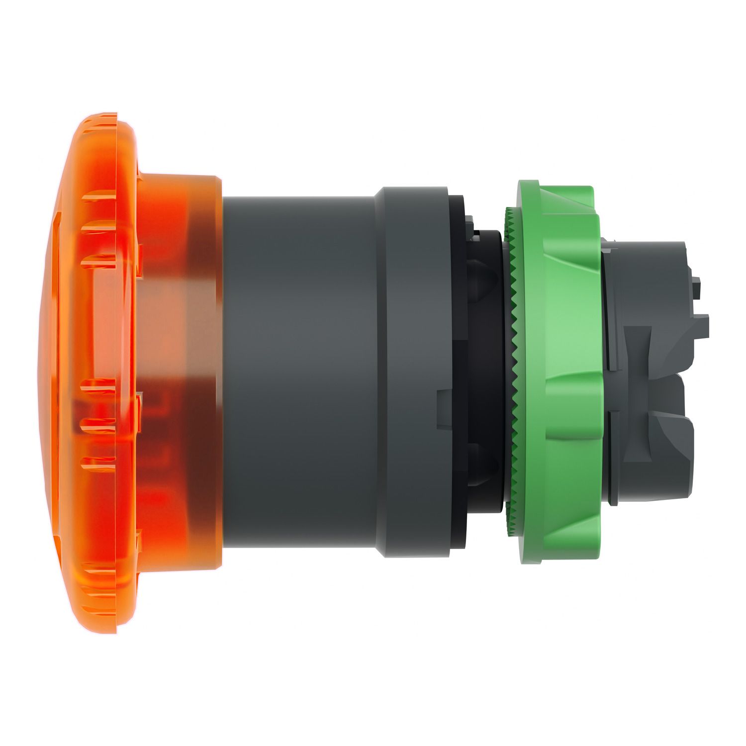 Picture of Head for illuminated push button, Harmony XB5, plastic, orange mushroom 40mm, 22mm, latching turn to release, clear boot