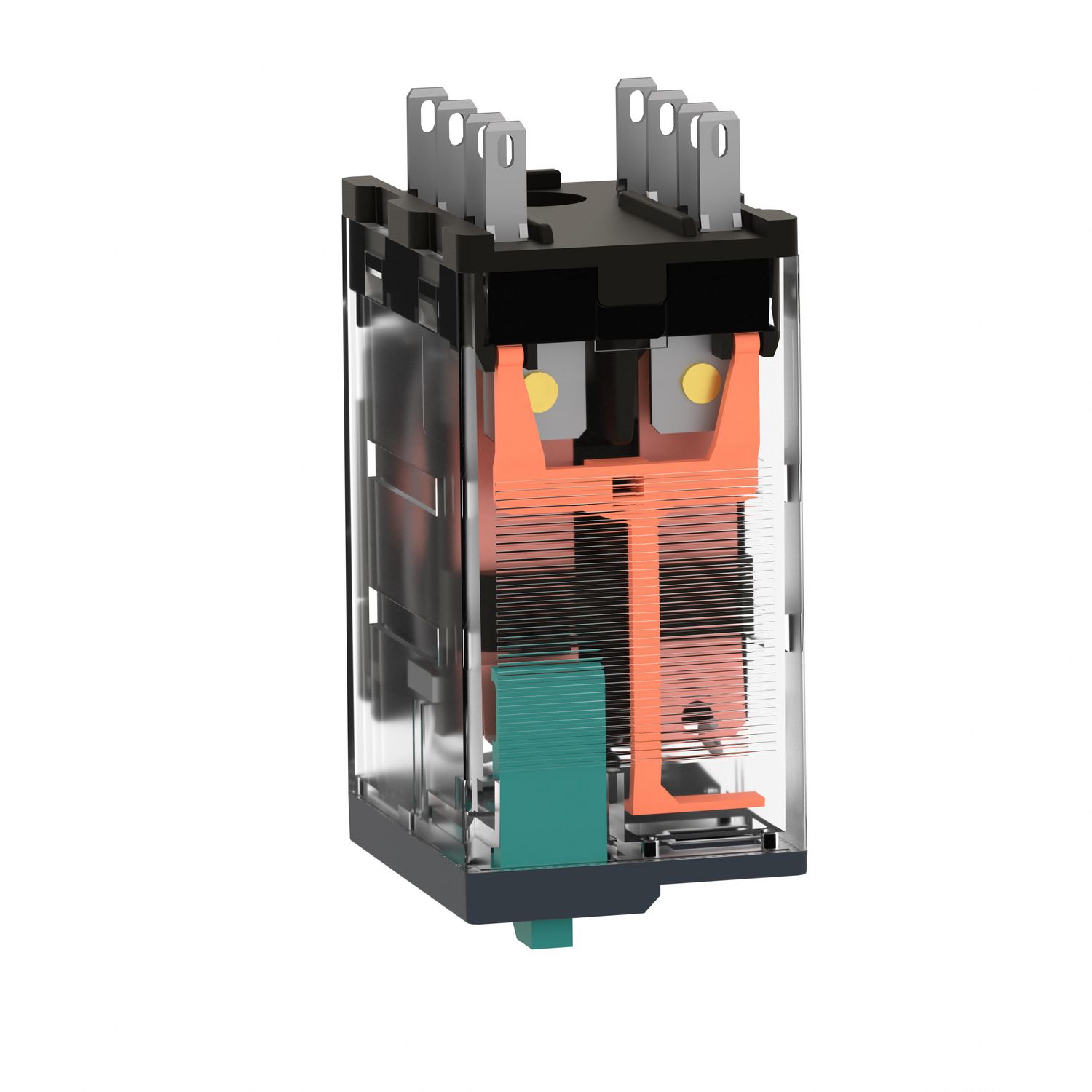 Picture of miniature plug in relay, Harmony Electromechanical Relays, 12A, 2CO, lockable test but to n, 110V DC